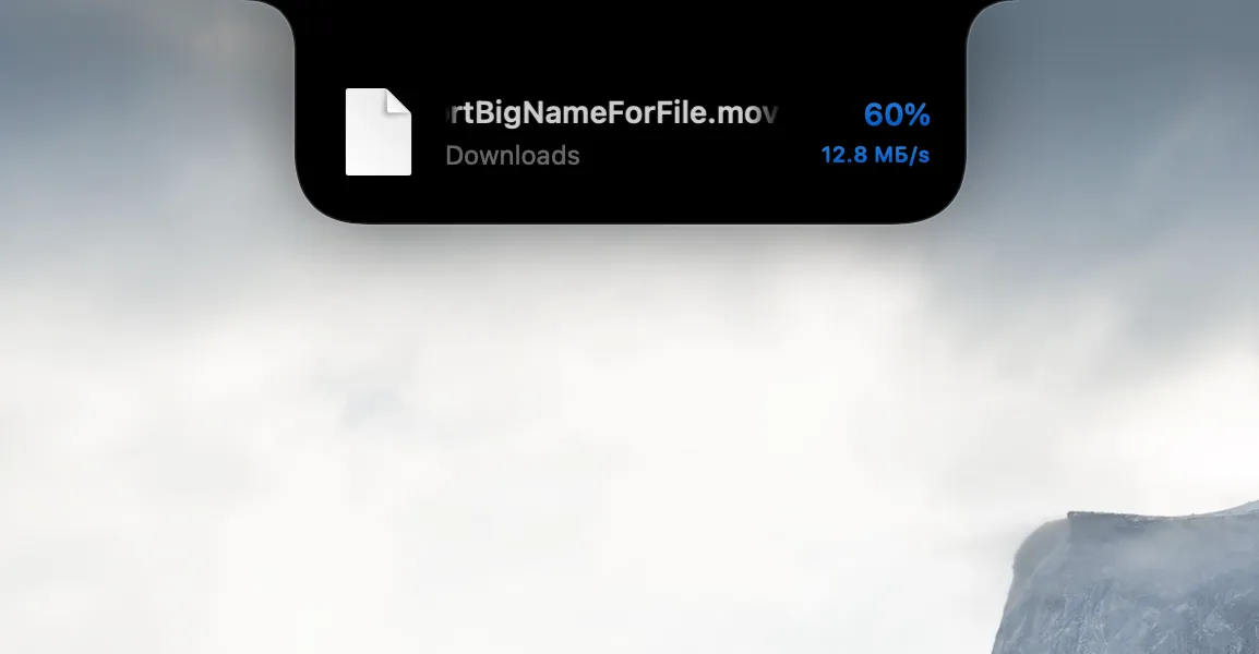 A NotchMind download progress capture showing a video file at 60 percent and a reported rate of 12.8 MB per second.